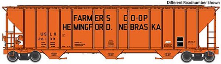 Life-Like-Proto 55 Evans 4780 Cubic Foot 3-Bay Covered Hopper - Ready To Run Famers Co-op Association USLX 26138 (Hemingford, Nebraska, orange, black)
