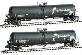 2-Pack 55' Trinity 30,145-Gallon Tank Car Global Ethanol TILX 192178, 192236 (black, white, yellow stripes)