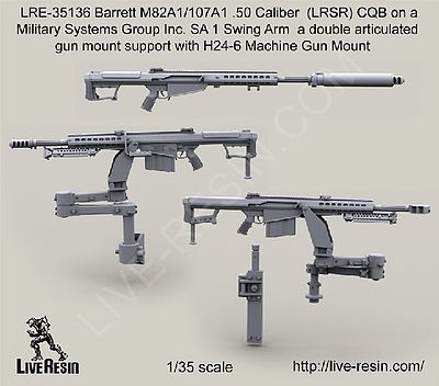 Live-Resin 1/35 Barrett M82A1/107A1 .50cal (LRSR) CQB on a Military Systems Group SA1 Swing Arm, Dbl Articulated Gun Mount Support w/H24-6 Machine Gun Mount