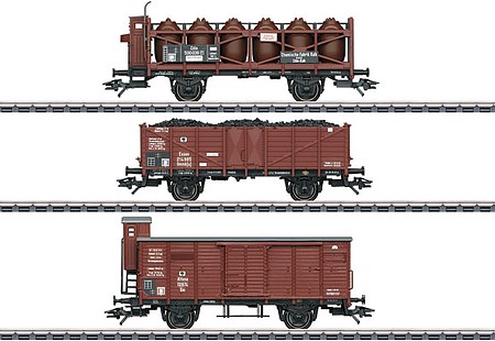 Marklin Acid Container Flatcar, Ommk(u) Gondola, Type Gm Boxcar Set - 3-Rail - Read Chemical Factory of Kalk, Royal Prussian Railroad Administration KPEV (brown