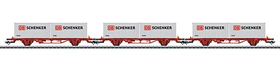 Marklin Type Lgs 2-Axle Container Flatcar w/Load 3-Pack - 3-Rail Ready to Run Norwegian State Railways NSB (Era VI 2016, red, 2 DB Schenker Containers)
