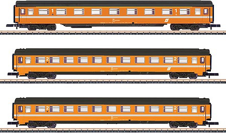 Marklin Eurofima Type Amoz 1st Class and 2 Type Bmoz 2nd Class Set - Ready to Run Austrian Federal Railways OBB (Era IV, orange, white, black) - Z-Scale