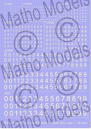 Matho Multi-Scale White Small Type 1 Numbers Decal Plastic Model Decal Kit #80003