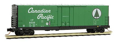 Micro-Trains 50 Boxcar, 8 Plug Door, No Roofwalk, Short Ladders - Ready to Run Canadian Pacific 81038 (green, white, black, Script Lettering) - N-Scale