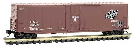 Micro-Trains 50 Boxcar with 8 Plug Door, No Roofwalk, Short Ladders - Ready to Run Chicago & North Western 150099 (Boxcar Red, black, Employee Owned Logo) - N-Scale