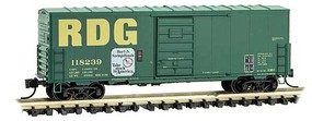 Micro-Trains 40' Single-Door Boxcar No Roofwalk Ready to Run Reading 118239 (green, large yellow RDG and Savings Bonds Logo) N-Scale Micro-Trains 40' Single-Door Boxcar No Roofwalk Ready to Run Reading 118239 (green, large yellow RDG and Savings Bonds Logo) N-Scale