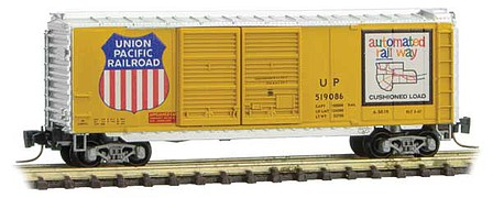 Micro-Trains 40 Double-Door Boxcar - Ready to Run Union Pacific 519086 (Armour Yellow, silver, Large Logo, Automated Map Logo) - Z-Scale