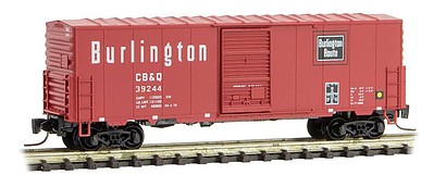 Micro-Trains 40 Single-Door Boxcar No Roofwalk - Ready to Run Chicago, Burlington & Quincy #39244 (Chinese Red, black, white) - Z-Scale