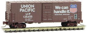 Micro-Trains 40' Single-Door Boxcar No Roofwalk Ready to Run Union Pacific 126455 (Boxcar Red, Large Shield, We Can Handle It Slogan) Z-Scale Micro-Trains 40' Single-Door Boxcar No Roofwalk Ready to Run Union Pacific 126455 (Boxcar Red, Large Shield, We Can Handle It Slogan) Z-Scale