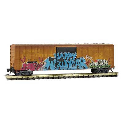 Micro-Trains 50 Rib-Side Single-Door Boxcar No Roofwalk - Ready to Run Railbox 17823 (Weathered, yellow, black, New Year Graffiti) - Z-Scale