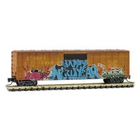 Micro-Trains 50' Rib-Side Single-Door Boxcar No Roofwalk Ready to Run Railbox 17823 (Weathered, yellow, black, New Year Graffiti) Z-Scale Micro-Trains 50' Rib-Side Single-Door Boxcar No Roofwalk Ready to Run Railbox 17823 (Weathered, yellow, black, New Year Graffiti) Z-Scale