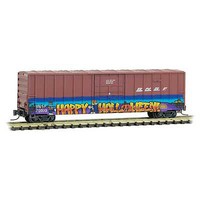 Micro-Trains 50' Rib-Side Plug-Door Boxcar, No Roofwalk Ready to Run BNSF Railway 713035 (Weathered, Boxcar Red, Halloween Graffiti) N-Scale Micro-Trains 50' Rib-Side Plug-Door Boxcar, No Roofwalk Ready to Run BNSF Railway 713035 (Weathered, Boxcar Red, Halloween Graffiti) N-Scale