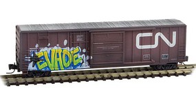 50' Rib-Side Plug & Sliding Door Boxcar No Roofwalk - Ready to Run Canadian National #73272 (Weathered, Boxcar Red, Noodle Logo, Graffiti) - Z-Scale