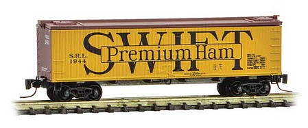 Micro-Trains 40 Wood-Sheathed Ice Reefer - Ready to Run Swift Refrigerator Line 1944 (yellow, Boxcar Red, Premium Ham) - Z-Scale