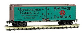 Micro-Trains 40' Wood-Sheathed Ice Reefer Ready to Run Oppenheimer Casing Co. 8025 (green, Boxcar red, black, red) Z-Scale Micro-Trains 40' Wood-Sheathed Ice Reefer Ready to Run Oppenheimer Casing Co. 8025 (green, Boxcar red, black, red) Z-Scale