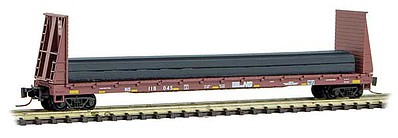 Micro-Trains 60 Bulkhead Flatcar w/Steel Beam Load - Ready to Run Norfolk Southern #118045 (Boxcar Red, yellow Conspicuity Marks) - Z-Scale