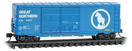 Micro-Trains 40 Double-Door Boxcar No Roofwalk & High Ladders - Ready to Run Great Northern #4007 (Big Sky Blue, white, Large Rocky Logo) - N-Scale