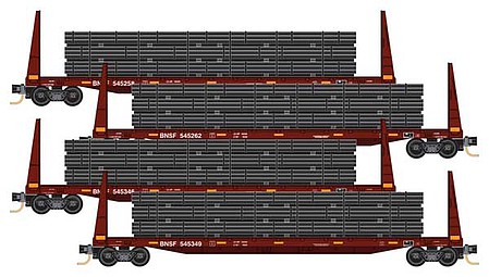Micro-Trains 61 8 Bulkhead Flatcar with Pipe Load 4-Pack - Ready to Run BNSF Railway 545258, 545262, 545346, 545349 (Boxcar Red, conspicuity marks) - N-Scale