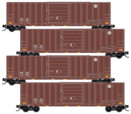 Micro-Trains 50 Rib-Side Single-Door Boxcar No Roofwalk 4-Pack - Ready to Run BNSF Railway #727864, 727887, 727915, 727921 (Boxcar Red) - N-Scale