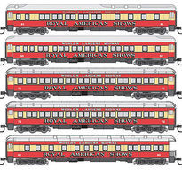 Micro-Trains Royal American Shows Passenger Cars (5) N Scale Model Train Passenger Car #99301300 Micro-Trains Royal American Shows Passenger Cars (5) N Scale Model Train Passenger Car #99301300
