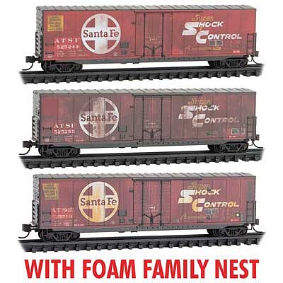 Micro-Trains 50 Boxcar w/8 Plug Door, No Roofwalk, Short Ladders 3-Pack - Ready to Run Santa Fe #525249, 525255, 525268 (Weathered, red, black, Foam Nest) - N-Scale