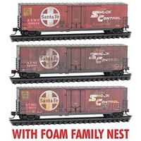 Micro-Trains 50' Boxcar w/8' Plug Door, No Roofwalk, Short Ladders 3-Pack Ready to Run Santa Fe #525249, 525255, 525268 (Weathered, red, black, Foam Nest) N-Scale