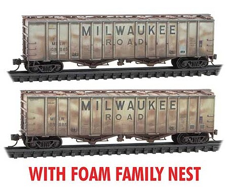 Micro-Trains 50 Airslide Covered Hopper 2 Pack w/Foam Nest - Ready to Run Milwaukee Road #109945, 109885 (Weathered, gray, black, Billboard Lettering) - N-Scale