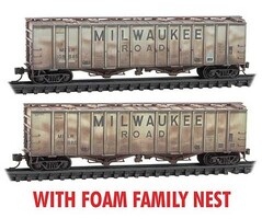 Micro-Trains 50' Airslide Covered Hopper 2 Pack w/Foam Nest Ready to Run Milwaukee Road #109945, 109885 (Weathered, gray, black, Billboard Lettering) N-Scale