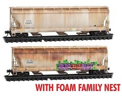 Micro-Trains ACF 3-Bay Center Flow Covered Hopper 2-Pack, Elongated Hatches Ready to Run CITX 150917, 150883 (Weathered, gray, yellow conspicuity marks, Halloween Gr N-Scale