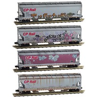 ACF 3-Bay Center-Flow Hopper w/Elongated Hatches 4-Pack - Ready to Run Canadian Pacific SOO #113802, 113921, 115000, 113810 (Weathered, gray, Graff - N-Scale