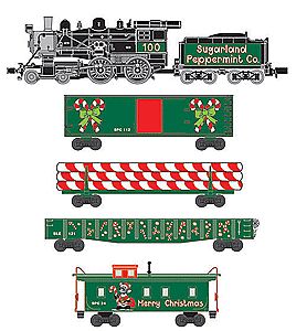 Micro-Trains Sugarland Peppermint Company Christmas Train Set - Standard DC Steam 4-4-0, Cupola Caboose, Log Car, Gondola, Boxcar w/Peppermint Loads - N-Scale