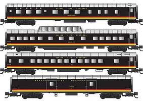 Micro-Trains Smooth-Side Baggage, Coach, Dome, Sleeper 4-Car Set Ready to Run Kansas City Southern (black, yellow, red, silver) Z-Scale Micro-Trains Smooth-Side Baggage, Coach, Dome, Sleeper 4-Car Set Ready to Run Kansas City Southern (black, yellow, red, silver) Z-Scale