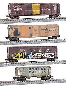 Micro-Trains Southwestern Weathered & Graffitied 4-Car Runner Pack - Ready to Run 1 Each- SP Covered Hopper, ATSF & DRGW 50 Plug-Door & UP 50 Double-Door Bo - Z-Scale