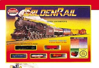Model-Power Golden Rail Train Set Includes 4-6-2 Locomotive, 3 Freight Cars, Caboose, Sign & Pole Kit and Track - N-Scale