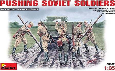 Mini-Art Pushing Soviet Soldiers (5) Plastic Model Military Figure 1/35 Scale #35137