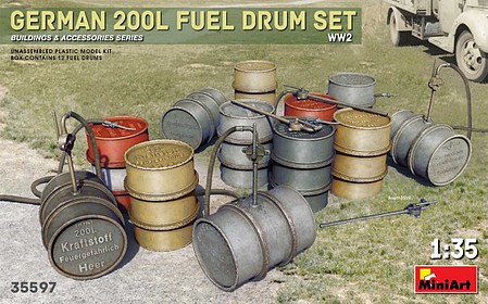 Mini-Art WWII German 200L Fuel Drum Set Plastic Model Military Diorama Accessories 1/35 Scale #35597