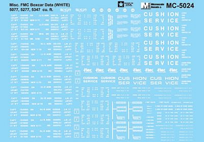 Microscale Boxcar Data for FMC 5077 5277 (ABOX) 5347 Cars White HO Scale Model Railroad Decal #5024