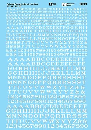 Microscale Railroad Roman Letters & Numbers 10, 14, 18, 20 (white) HO Scale Model Railroad Decal #90321