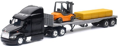 New-Ray 1/43 Peterbilt 87 w/Flatbed Trailer, Forklift & Hay Bale Load (Die Cast)