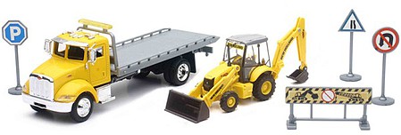 New-Ray 1/43 Peterbilt Flatbed Truck w/New Holland B110C Front End Loader Excavator (Die Cast)