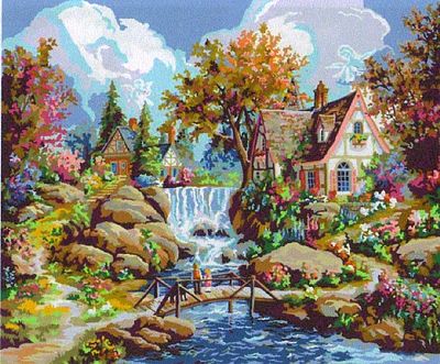 Plaid Angel Falls (Cottages/Water Fall) Paint by Number (16x20)