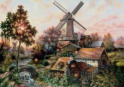 Plaid Lights Of Home (Cottages/Windmill/Stream) Paint by Number (16 x 20) P #21789