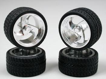 Pegasus Tri Blade Chrome Rims w/Tires (4) Plastic Model Tire Wheel 1/24 Scale #1202