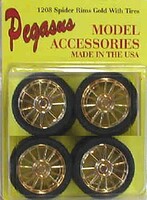 Spider Gold Rims w/Tires (4) Plastic Model Tire Wheel 1/24 Scale #1208
