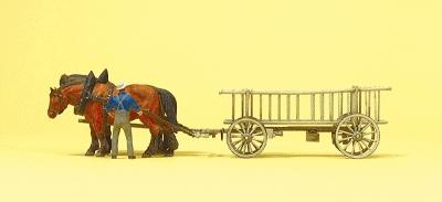 Preiser Rack Wagon with Farmer & 2 Horses Model Railroad Figure HO Scale #30416