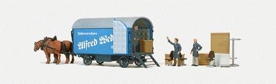 Preiser Moving Wagon with 2 Horses, Figures & Accessories Model Railroad Figure HO Scale #30494