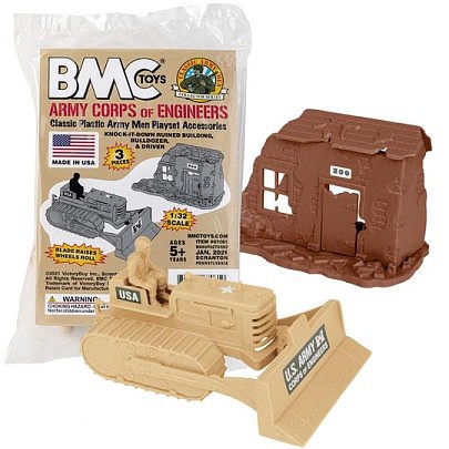 Playsets 54mm US Army Bulldozer (Tan), Driver & Ruined Building Playset (Bagged) (BMC Toys)