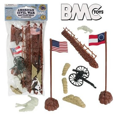 Playsets 54mm American Civil War Battlefield- Fences, Sandbags, Guns, Horses etc. (18pcs) (Bagged) (BMC Toys)