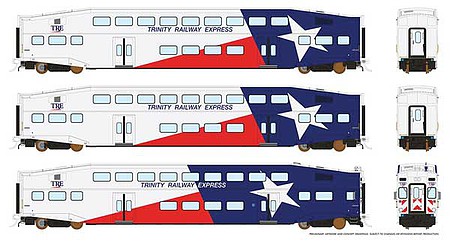 Rapido Bi-Level Commuter 2 Coach and Cab Car Set - Ready to Run Trinity Rail Express Set No.2 (Cab 1009, Coach 1062, 1063, white, blue, red)