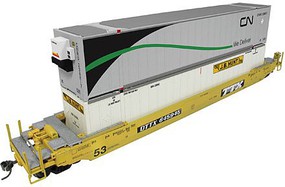 Rapido 53_ Husky-Stack Well Car w/2 53' Containers Ready to Run Prime Movers TTX #645945 (yellow, black, Random Containers) Rapido 53_ Husky-Stack Well Car w/2 53' Containers Ready to Run Prime Movers TTX #645945 (yellow, black, Random Containers)